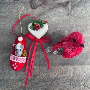 Vintage Red Christmas Ornaments - Mouse, Midwest Import Wooden Heart, Bird